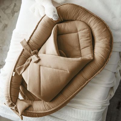 PaLulli 2-in-1 Baby Nest and Swaddle Blanket Set, 100% Muslin, Brown