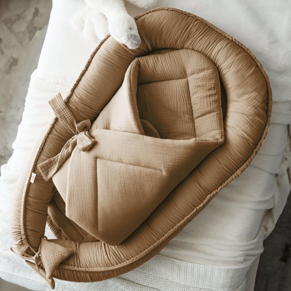 PaLulli 2-in-1 Baby Nest and Swaddle Blanket Set, 100% Muslin, Brown