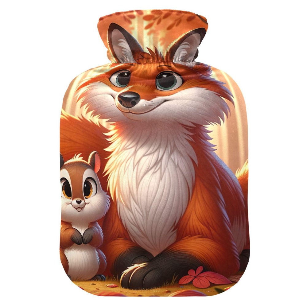 Hot Water Bottle with Fox and Squirrel Design, Soft Cover, for Neck, Shoulders and Menstrual Cramps, 2 L