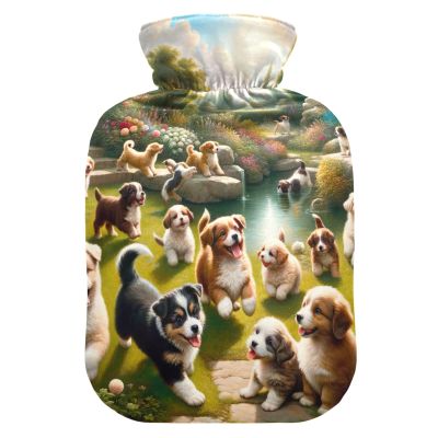 Hot Water Bottle with Playful Dogs and Flowers, Soft Velvet Cover, Foot Warmer, 2 L