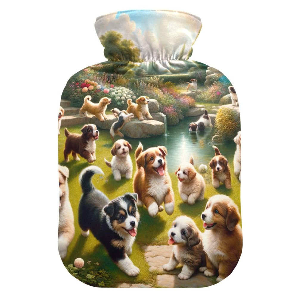 Hot Water Bottle with Playful Dogs and Flowers, Soft Velvet Cover, Foot Warmer, 2 L