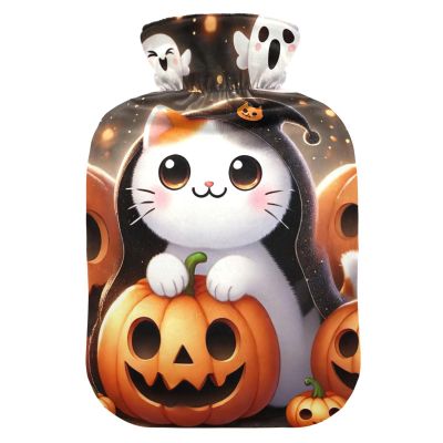 Hot Water Bottle with Cute Cat Design, Soft Cover, 2 L, Black