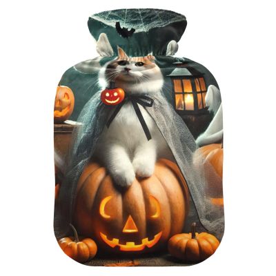 Halloween Cat Hot Water Bottle, Orange, with Soft Cover, for Neck, Shoulders and Menstrual Discomfort, 1 Liter