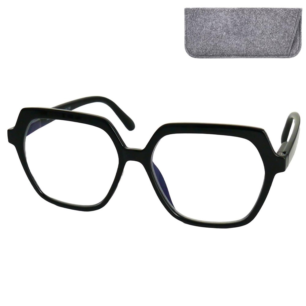 Mini Reading Glasses with Felt Case, Hexagonal Oversize, Black, +1.0