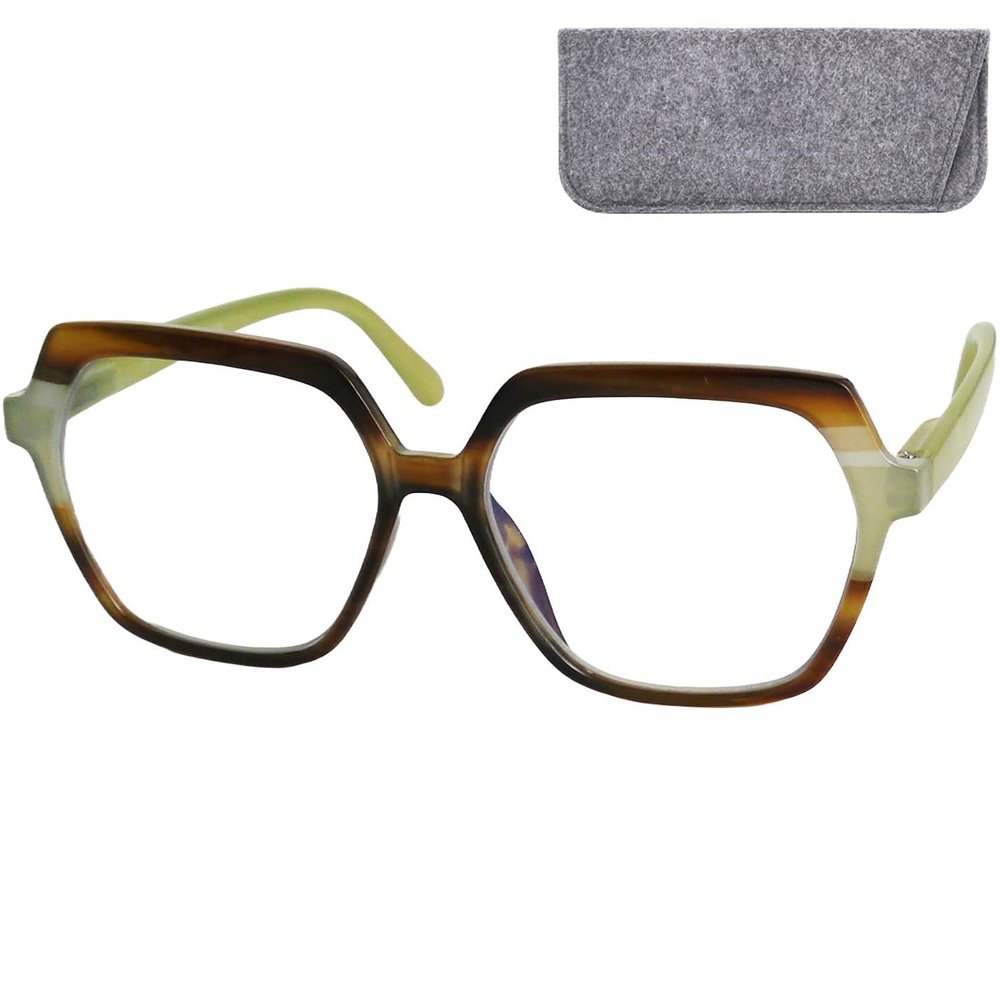 Mini Hexagonal Oversize Reading Glasses with Felt Case, Green, +1.5