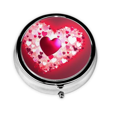 Round Valentine's Day Heart Pill Organizer, 3 Compartments, Portable Travel Case