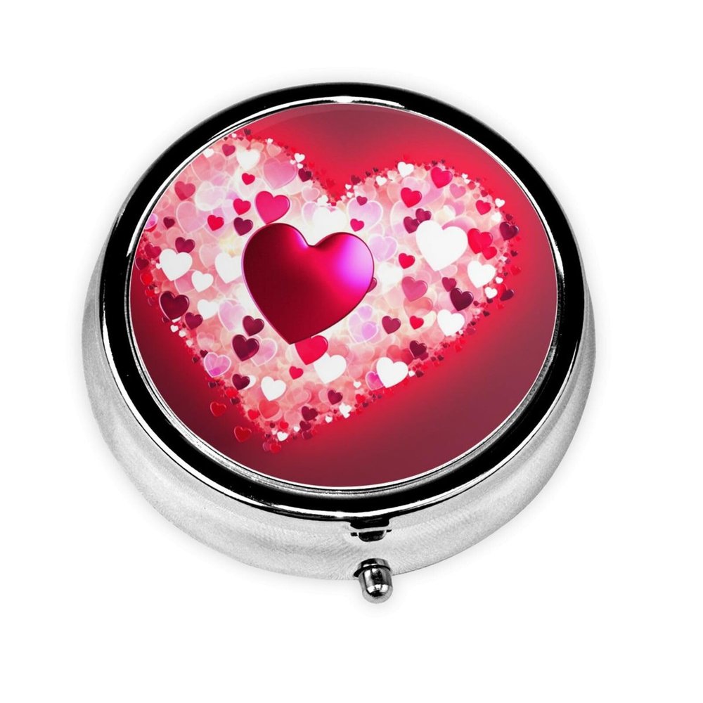 Round Valentine's Day Heart Pill Organizer, 3 Compartments, Portable Travel Case