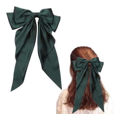 Women's Satin Bow Hair Clip, Large Bow, Green