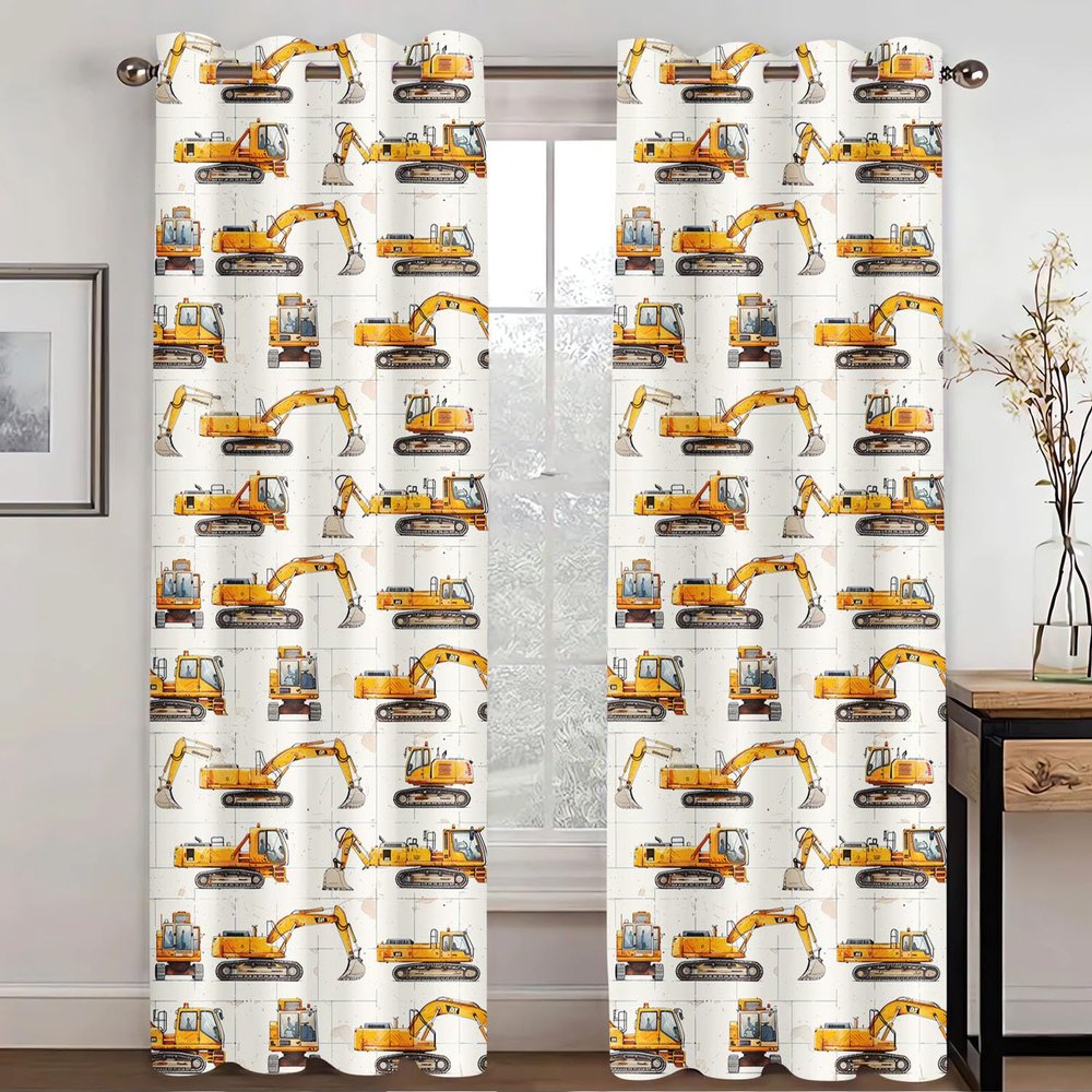 KARPIX Cartoon Car Curtains, Opaque Tractor & Fire Truck Design, 280 x 180 cm
