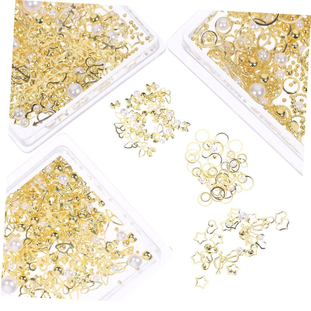 Decorative Nail Charms Set, 3 Boxes, Alloy, Gold