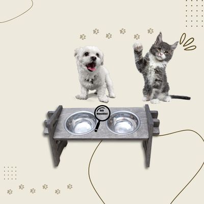 Height-Adjustable Gray Feeding Station for Small Dogs and Cats with 2 Metal Bowls