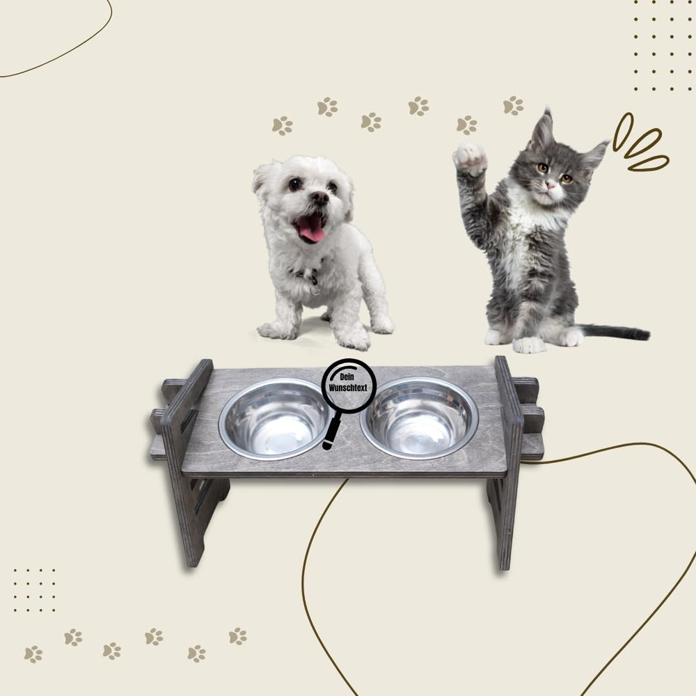 Height-Adjustable Gray Feeding Station for Small Dogs and Cats with 2 Metal Bowls