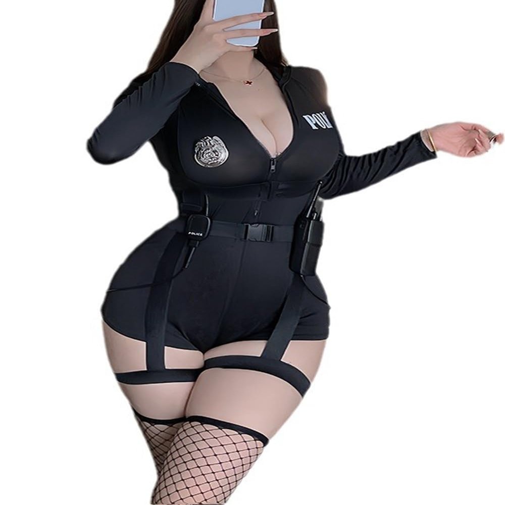 THSCWY Women's Police Costume, Sexy Cop Outfit with Belt and Toy Walkie-Talkie, Black