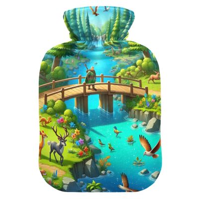 Hot Water Bottles with Playful Scene and Soft Cover, Hand and Foot Warmer, 2 L