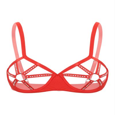 Kaerm Women's Open-Bust Balconette Harness Bra with Rhinestones, Red, 3XL