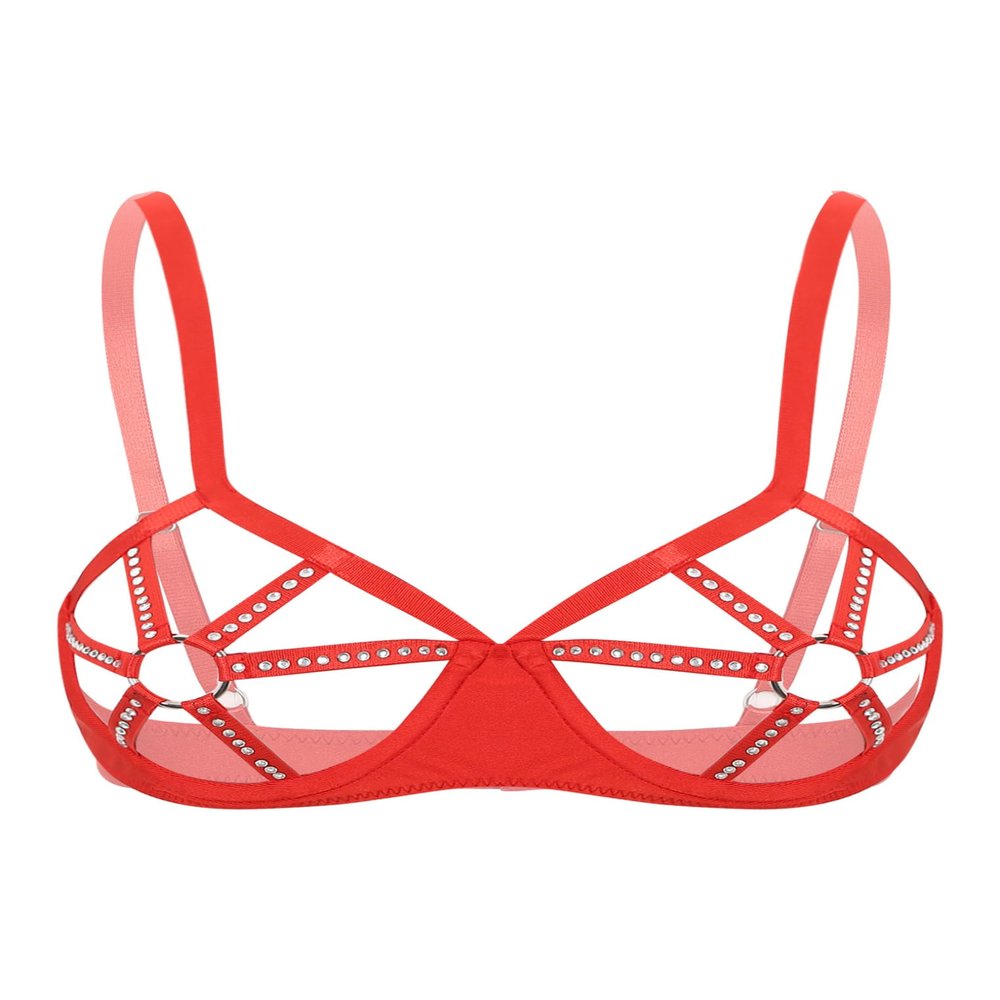 Kaerm Women's Open-Bust Balconette Harness Bra with Rhinestones, Red, 3XL