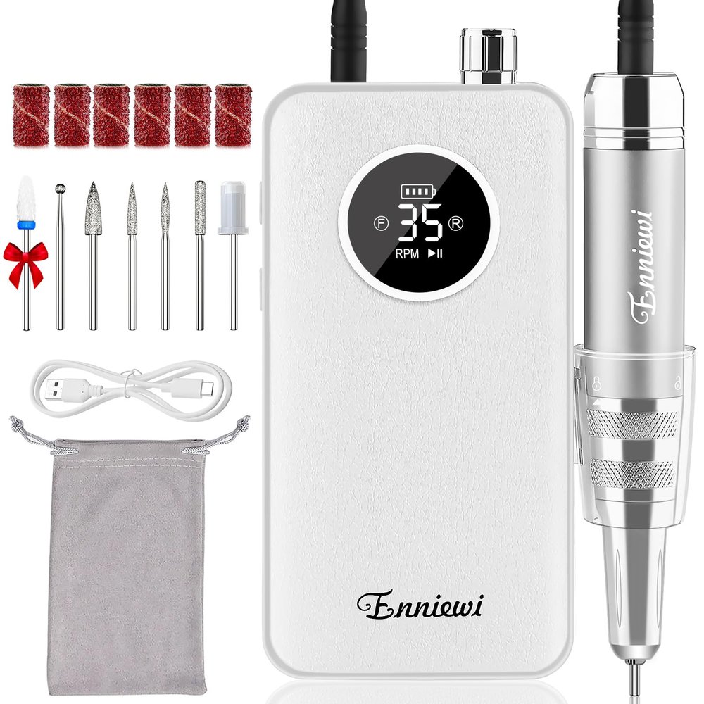 Enniewi Nail Drill 35,000 RPM for Gel Nails, Rechargeable Electric Nail Drill with LED Display, Portable, Quiet, Professional Manicure and Pedicure Drill, Compact, 48W, White