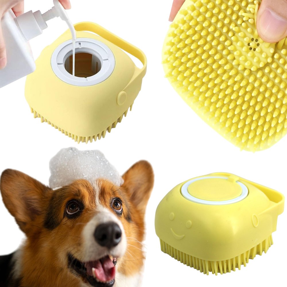 Domarex Silicone Brush for Dogs and Cats with Shampoo Dispenser, Soft Cleaning and Massage for Daily Bathing Care - Yellow