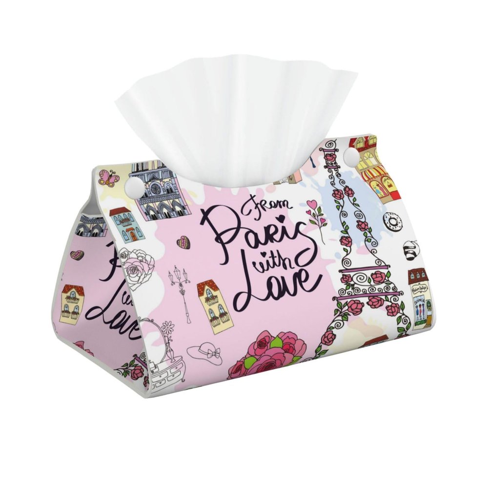 Tissue Box Cover with “Paris with Love” Text for Home, Office, and Car