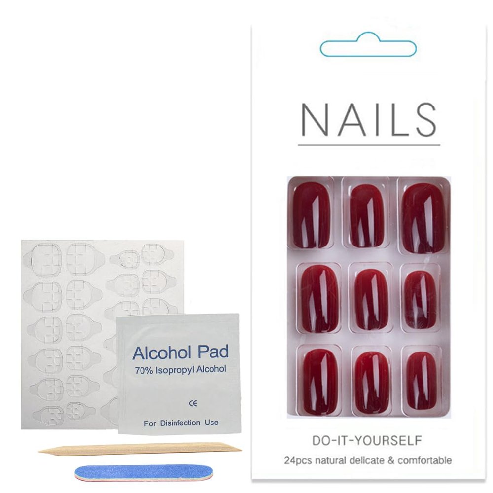 WeddHuis 24-Piece Press-On Fake Nails, Acrylic Gel Glue-On Nails, Short Oval/Almond, Reddish Brown