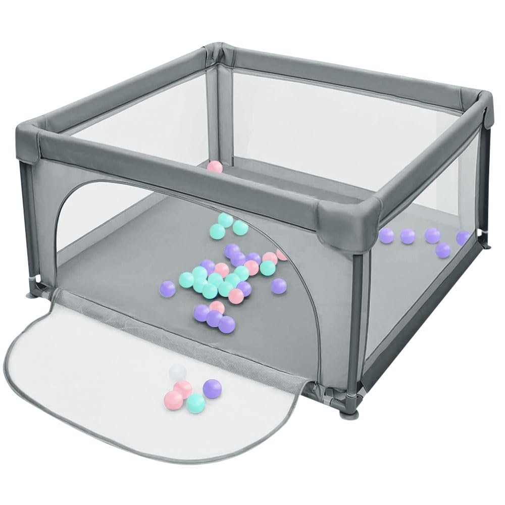 Foldable Baby Playpen with Carry Bag, One-Button Folding and Safety Locks, Mesh Playpen with Zipper, 120 × 120 × 66 cm, Dark Gray