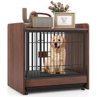 COSTWAY 2-in-1 Dog Crate End Table, Lockable Door and Removable Tray, Furniture-Style Indoor Dog Kennel for Small and Medium Dogs, Brown, 62 x 49.5 x 61 cm