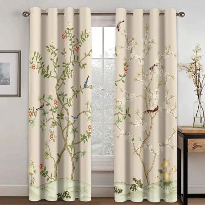 HNYDM Blackout Curtains with Bird and Flower Design, Traditional Chinese Style, 2 Panels, 132 x 214 cm Each