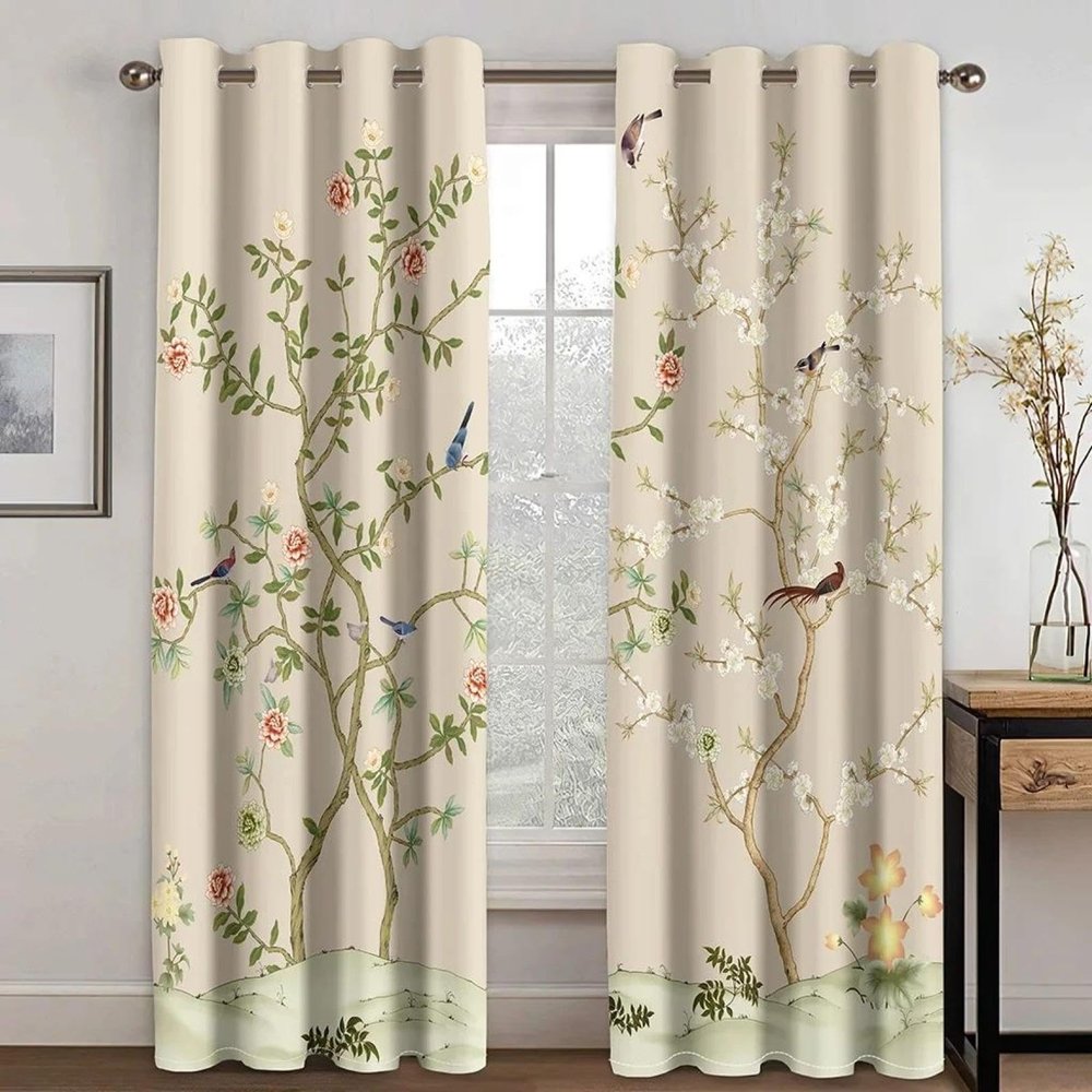 HNYDM Blackout Curtains with Bird and Flower Design, Traditional Chinese Style, 2 Panels, 132 x 214 cm Each