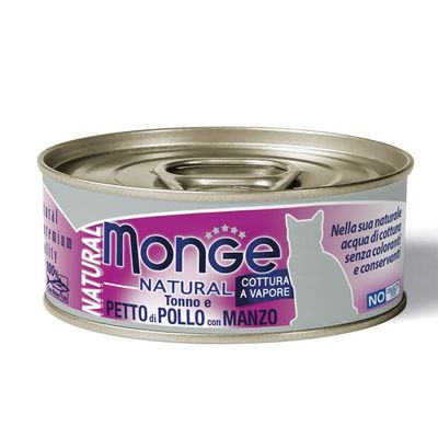 Monge Natural Wet Cat Food Cans, 80 g x 24, Tuna, Chicken Breast & Beef
