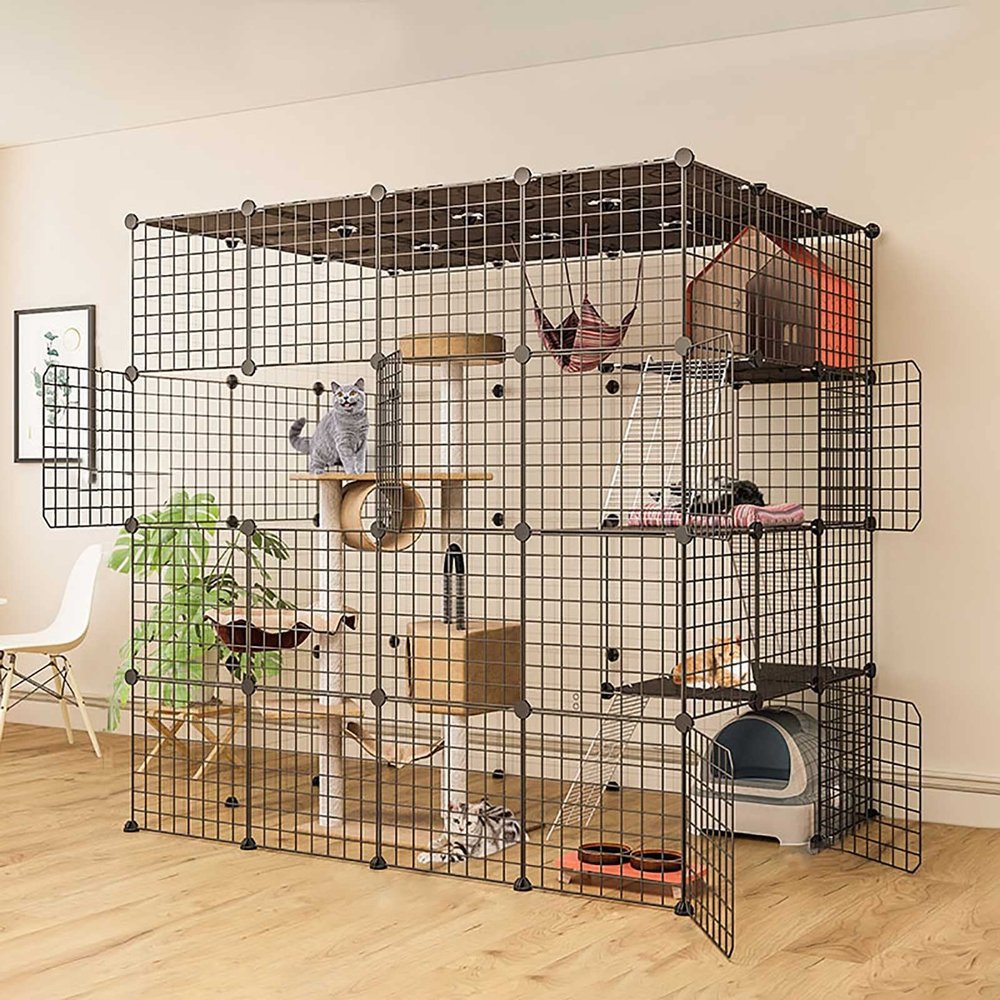 Indoor Cat Cage, DIY Metal Wire Enclosure with Door for Kittens and Small Animals, Large Playpen for 1–3 Cats