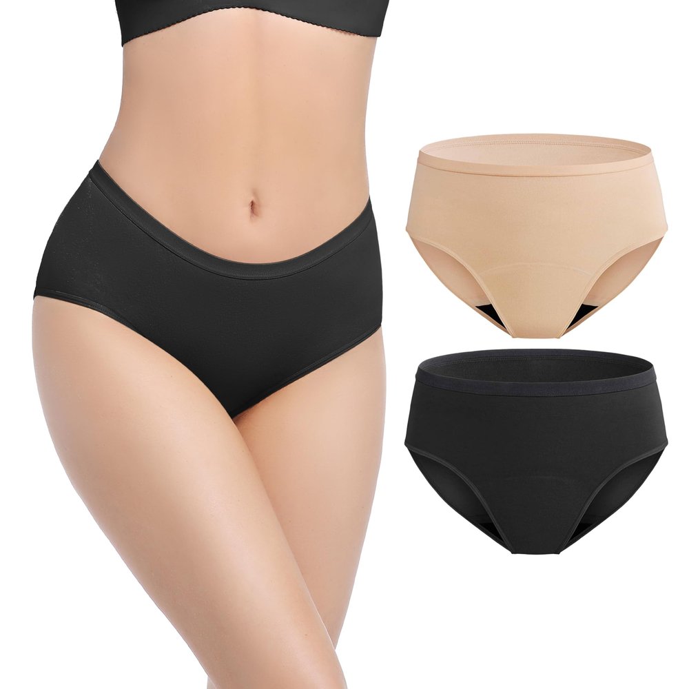 REELINDRY Women's Washable Incontinence Underwear, 57 g, Bladder Leak Protection, 2-Pack, Black/Beige, Size L