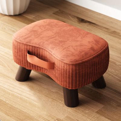 Small Curved Footstool with Handle, Velvet-Padded Seat and Wooden Legs, 40 x 26 cm, Yellow