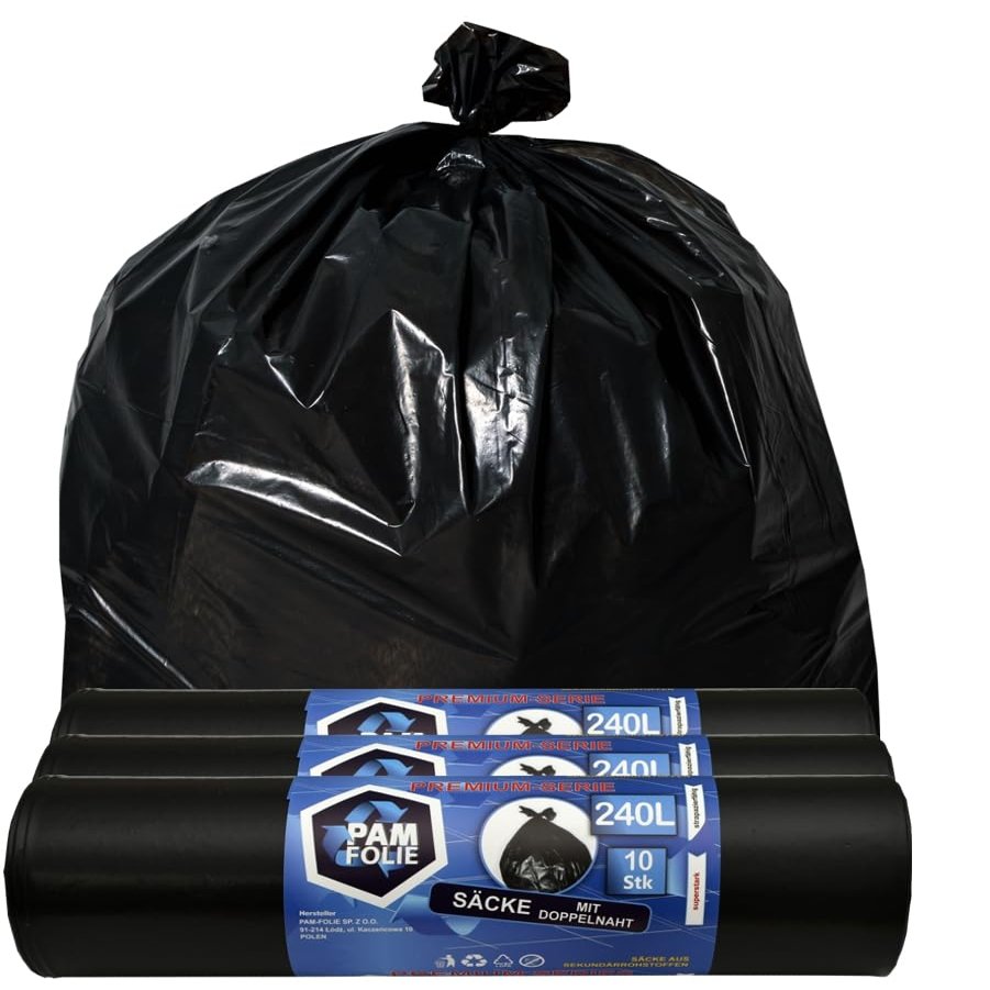 PAM-FOLIE 240 L Trash Bags, 30-Count, 45 µm, 120 × 130 cm, Black