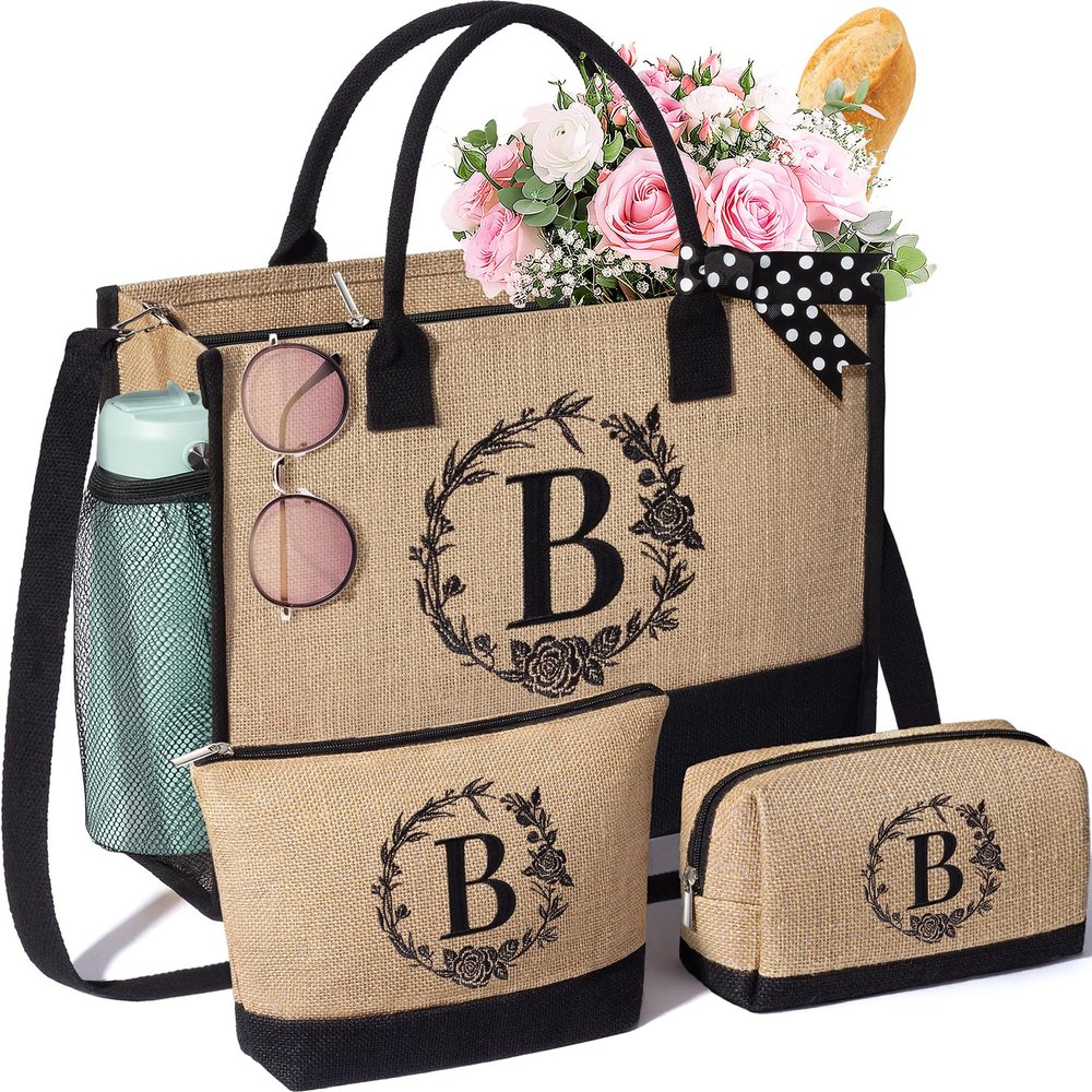 Personalized Jute Tote Bag and Makeup Bags for Women, Monogrammed Zippered Beach Bag Gift
