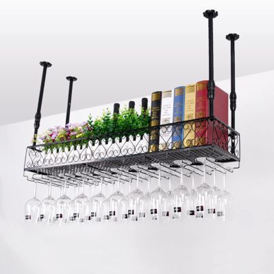 UYDJAKX Height-Adjustable Ceiling-Mounted Wine Rack, Hanging Wine Bottle and Stemware Holder, Metal and Iron, Vintage Style, 60 x 25 cm