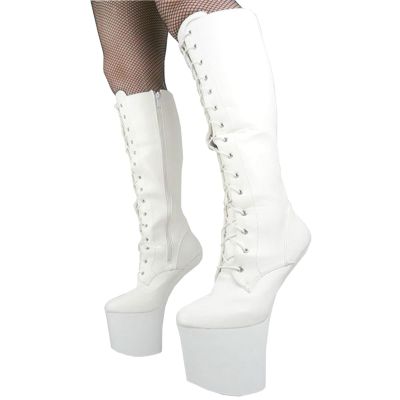 RJXGECUF 20 cm Knee-High Lace-Up Heel-Less Pole Dance Boots, White, Size 41