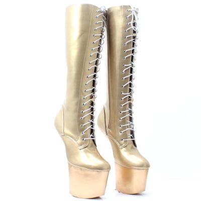 RJXGECUF 20 cm Knee-High Heel-Less Lace-Up Pole Dance Boots, Gold, Size 39