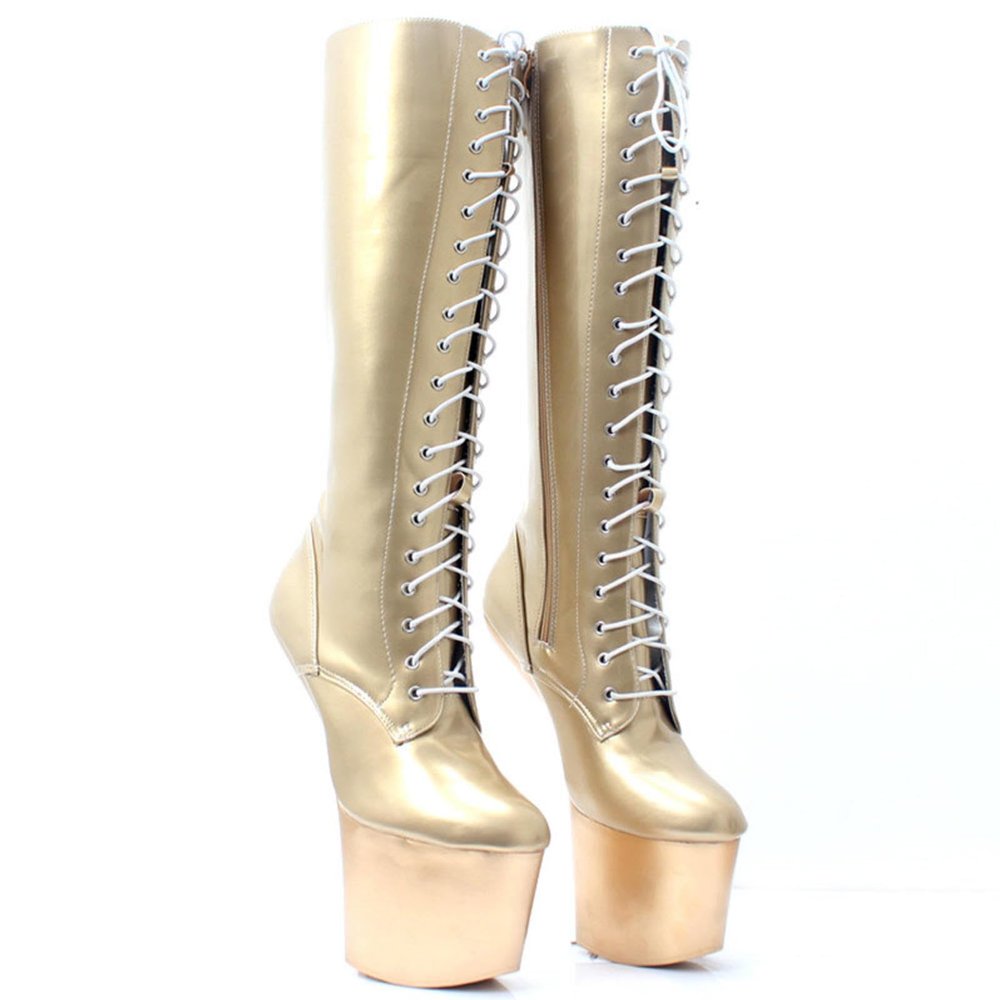 RJXGECUF 20 cm Knee-High Heel-Less Lace-Up Pole Dance Boots, Gold, Size 39