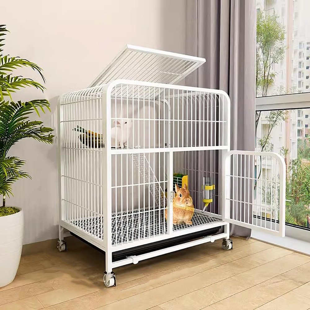 WXXSHGDW Large Indoor Rabbit Cage, 2-Tier Metal Small Animal Cage with Tray and Wheels, White