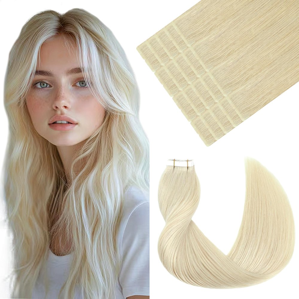 VINBAO Micro Tape-In Extensions, Remy Human Hair, 50 cm/20 in, 50 g, 20 Pieces, Platinum White Blonde, #60