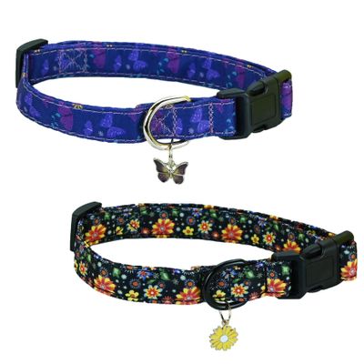 Newtensina Fashion 2-Piece Flower Pattern Dog Collar Set with Petal and Butterfly Pendants for Medium and Large Dogs - Black/Blue - M