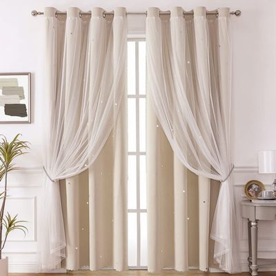 JANMEYO Modern Star Blackout Curtains with Voile Sheer Panels, 2 Panels, Beige, W52 × H84.2/132 × 214 cm