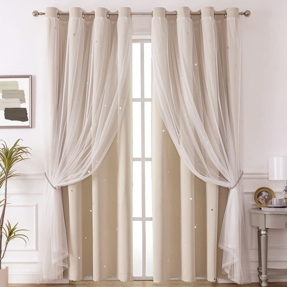 JANMEYO Modern Star Blackout Curtains with Voile Sheer Panels, 2 Panels, Beige, W52 × H84.2/132 × 214 cm