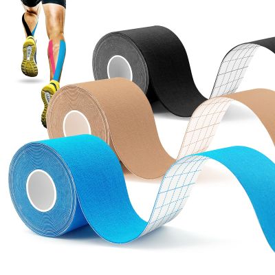 Kinesiology Sport Tape 5 x 5 cm, Waterproof and Skin-Friendly, for Knee Pain, Elbow and Shoulder, Blue/Black/Beige