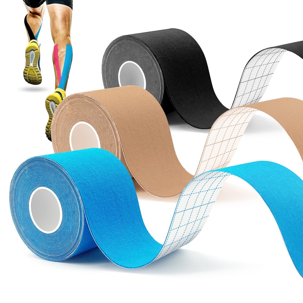 Kinesiology Sport Tape 5 x 5 cm, Waterproof and Skin-Friendly, for Knee Pain, Elbow and Shoulder, Blue/Black/Beige