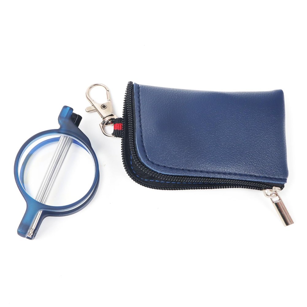 KoKoBin Folding Round Reading Glasses, Blue-Light Filtering, with Zipper Case, Blue, 2.00 Diopters