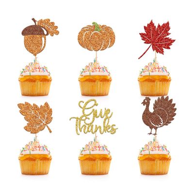 Totelux Glitter Thanksgiving Cupcake Toppers, Pumpkin, Maple Leaf & Turkey, Orange, Brown & Gold, 12 Pieces