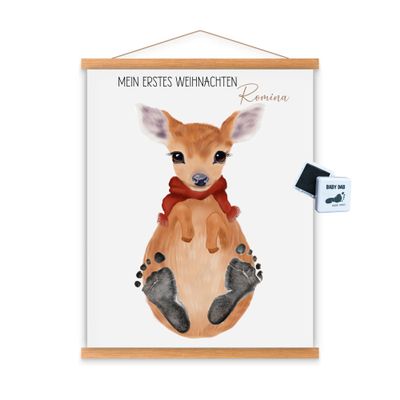 My 1st Christmas Personalized Baby Footprint Poster Set with Name, Christmas Gift for Baby and New Parents (A3 | Children up to approx. 4 years | Feet up to approx. 15 cm, Deer)