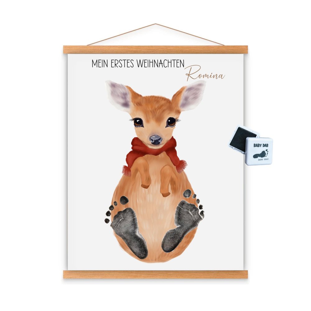 My 1st Christmas Personalized Baby Footprint Poster Set with Name, Christmas Gift for Baby and New Parents (A3 | Children up to approx. 4 years | Feet up to approx. 15 cm, Deer)