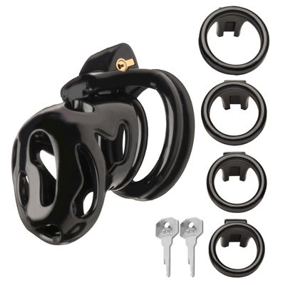 MASTER SERIES Hard Stop Chastity Cage for Beginners, Men & Couples, Easy-Lock Ventilated Design, Various Ring Sizes, 8-Piece Set, Black